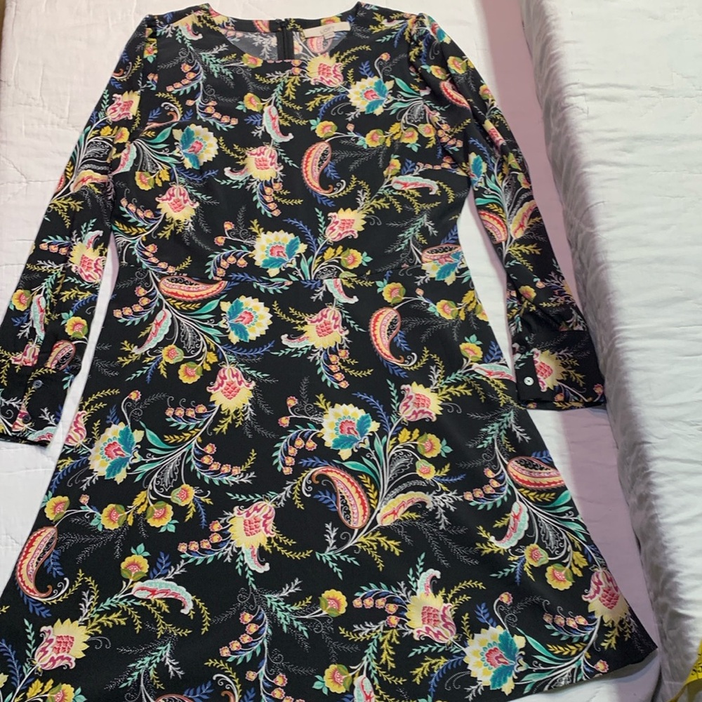 LOFT Birds of Paradise Boho Chic Floral Paisley Long Sleeve Dress Black Size 12